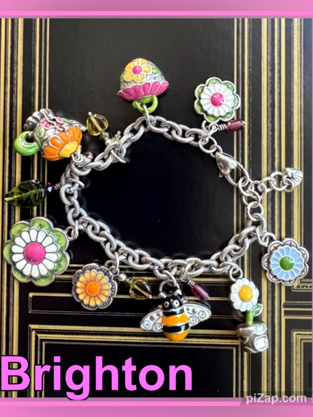 🐝 Brighton Floral Enamel Charm Bracelet Featuring Bee, Teapot, Daisy, Flowers